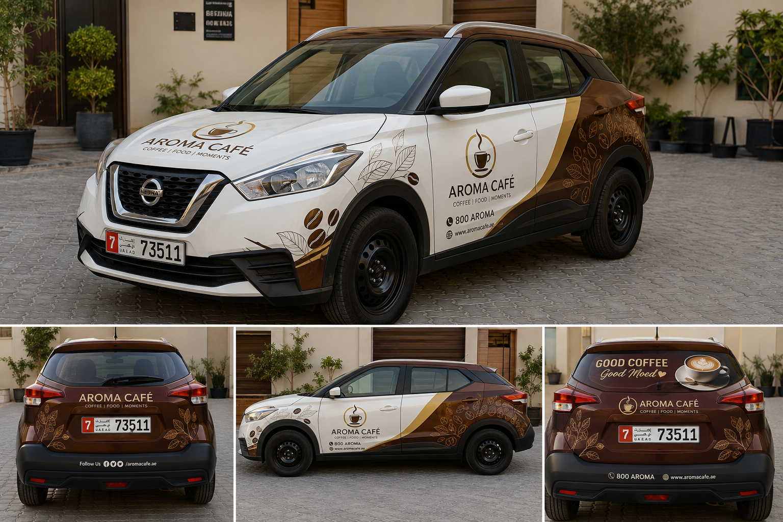 Aroma Cafe branded car with promotional vehicle graphics