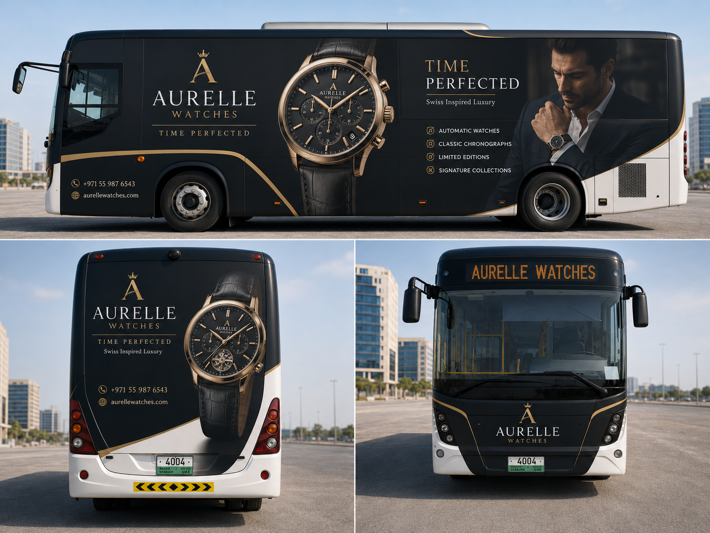 Aurelle Watches branded bus with large-format advertising graphics