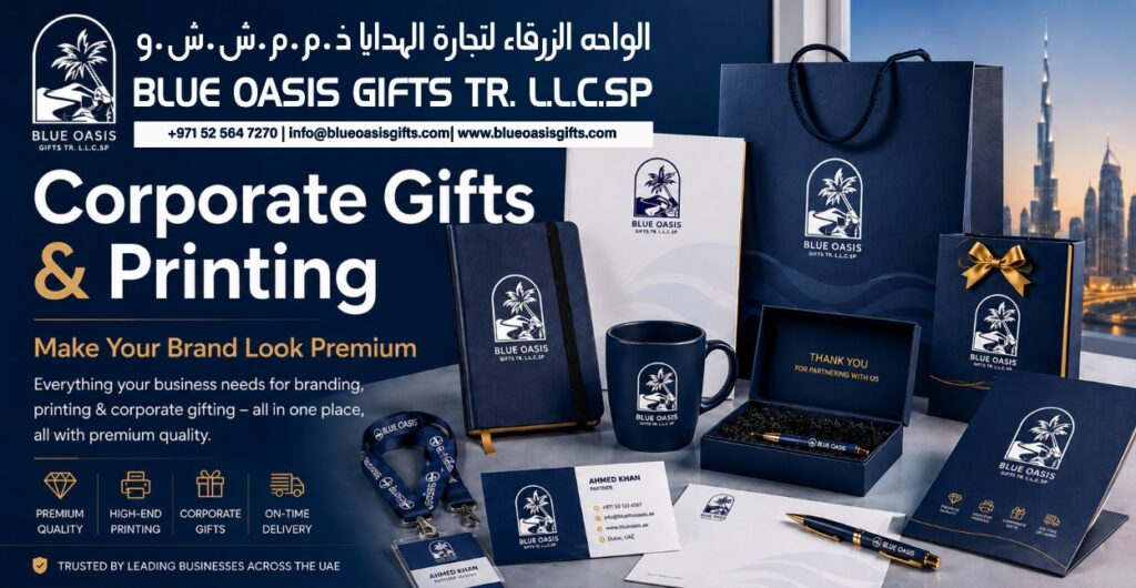 Corporate gifts and printing services in UAE by Blue Oasis Gifts, featuring branded mugs, notebooks, pens, business cards, gift boxes, bags and premium company branding items.