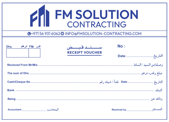 FM Solution Contracting bilingual receipt voucher printed by Blue Oasis Printing Sharjah