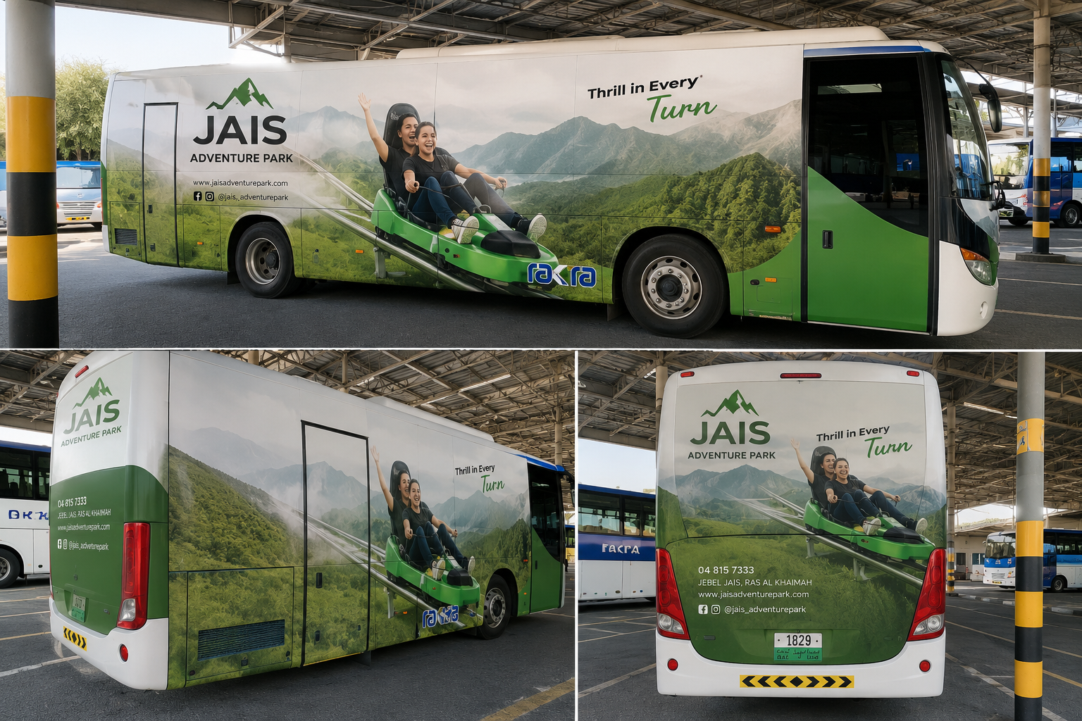 Jais Adventure Park branded bus with outdoor promotional graphics