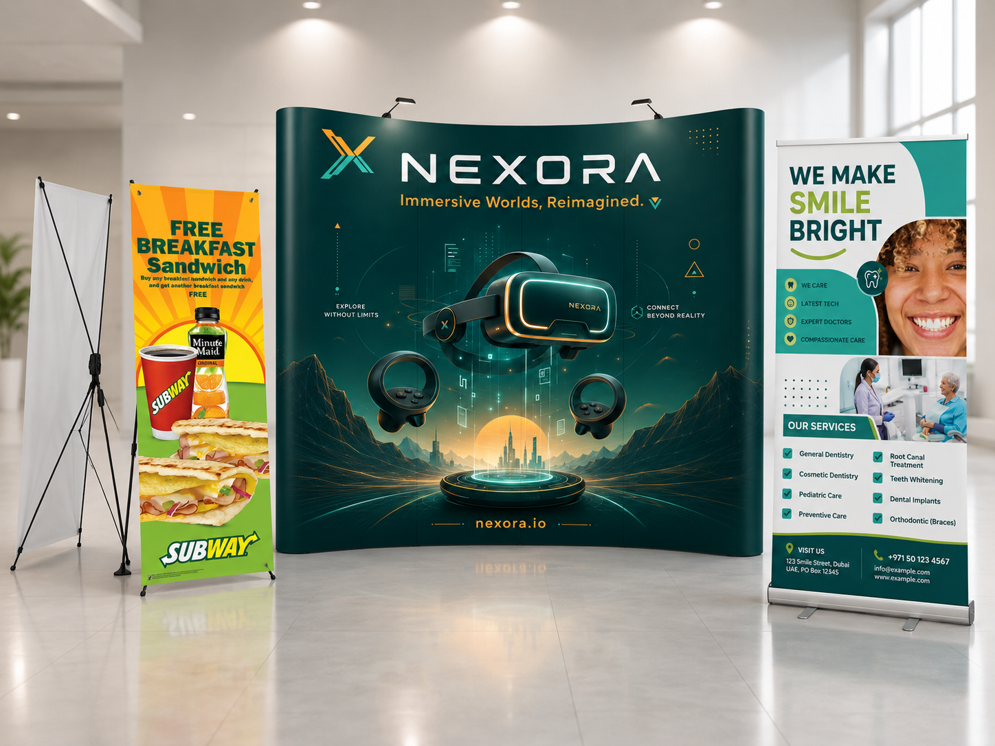 Real Roll-Up stand, Pop-Up exhibition backdrop and X-Stand banner display supplied by Blue Oasis Gifts UAE