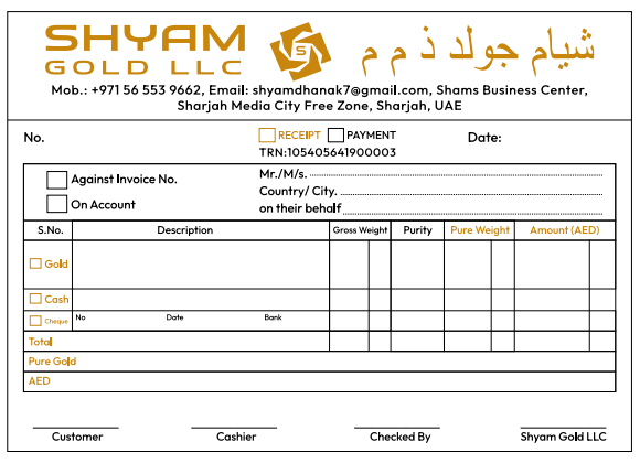 Shyam Gold receipt and payment voucher printed by Blue Oasis Printing Sharjah