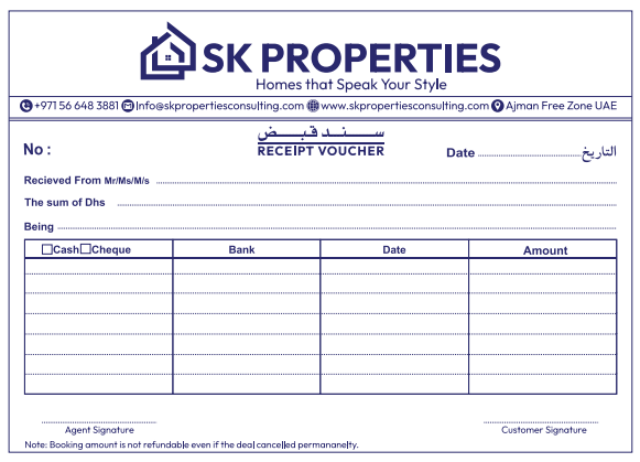 SK Properties bilingual receipt voucher printed by Blue Oasis Printing Sharjah