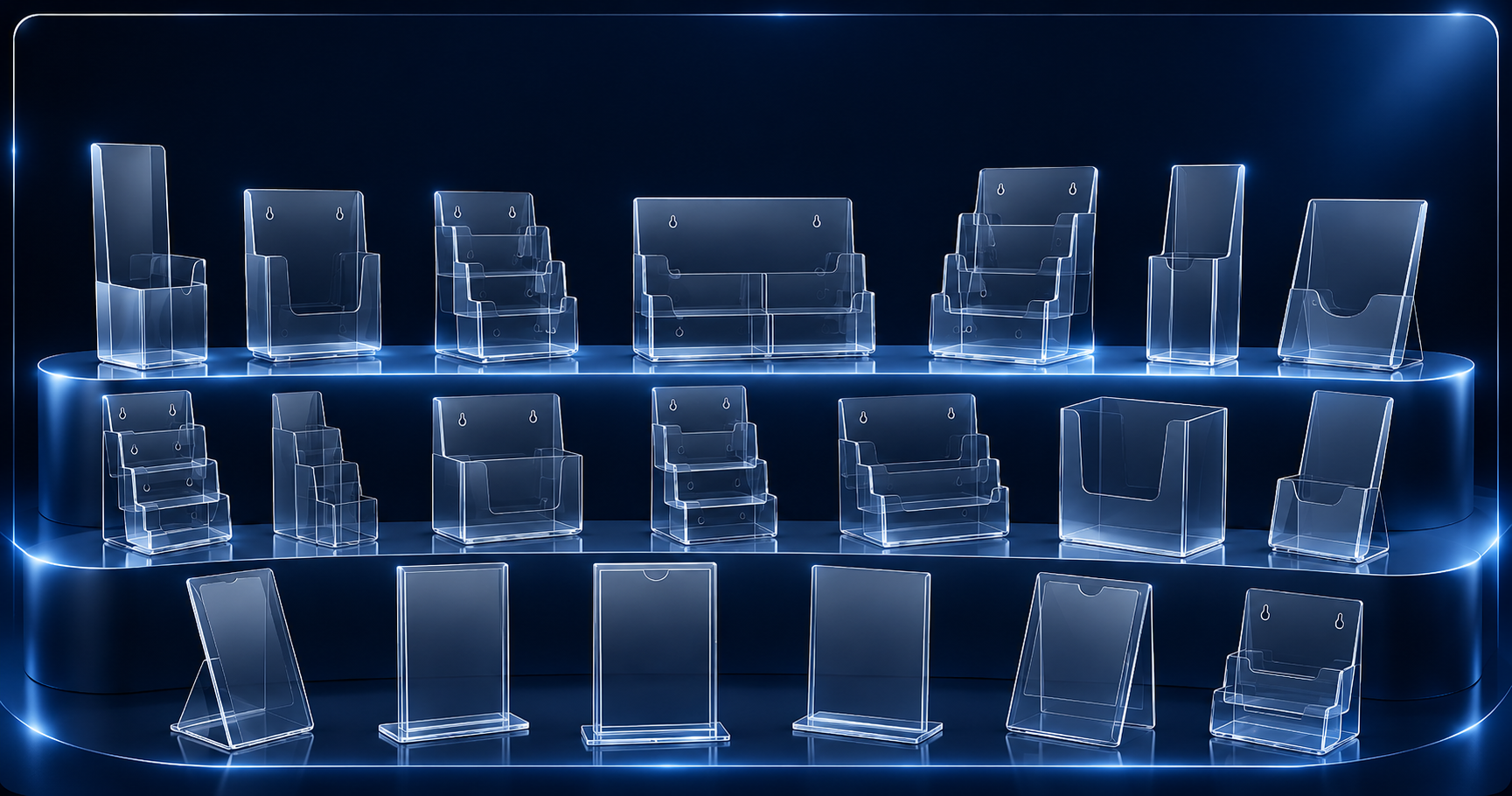 Blue Oasis acrylic brochure holder collection including wall mounted, table top and multi-tier display stands