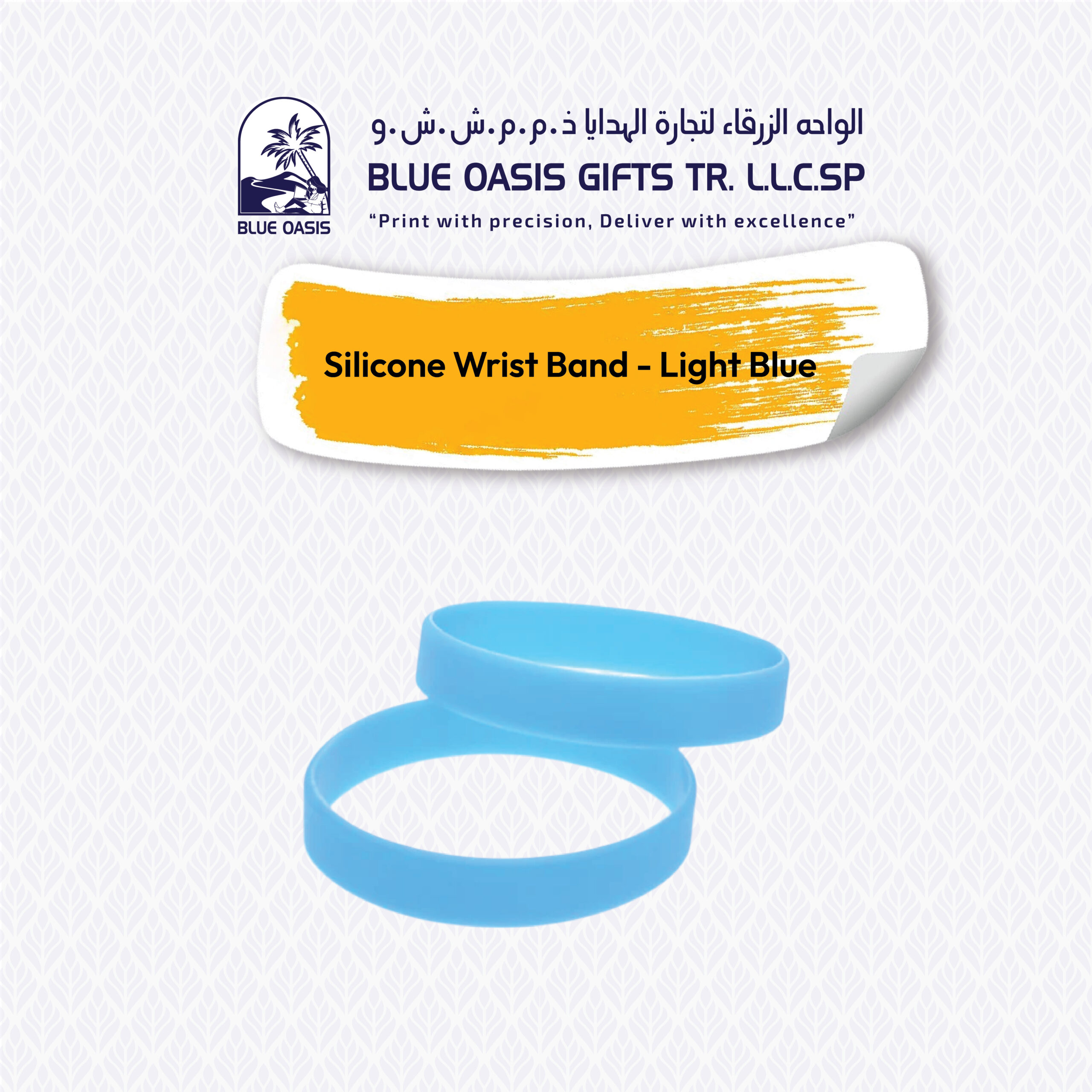 Light blue silicone wrist band with one color printing by Blue Oasis UAE