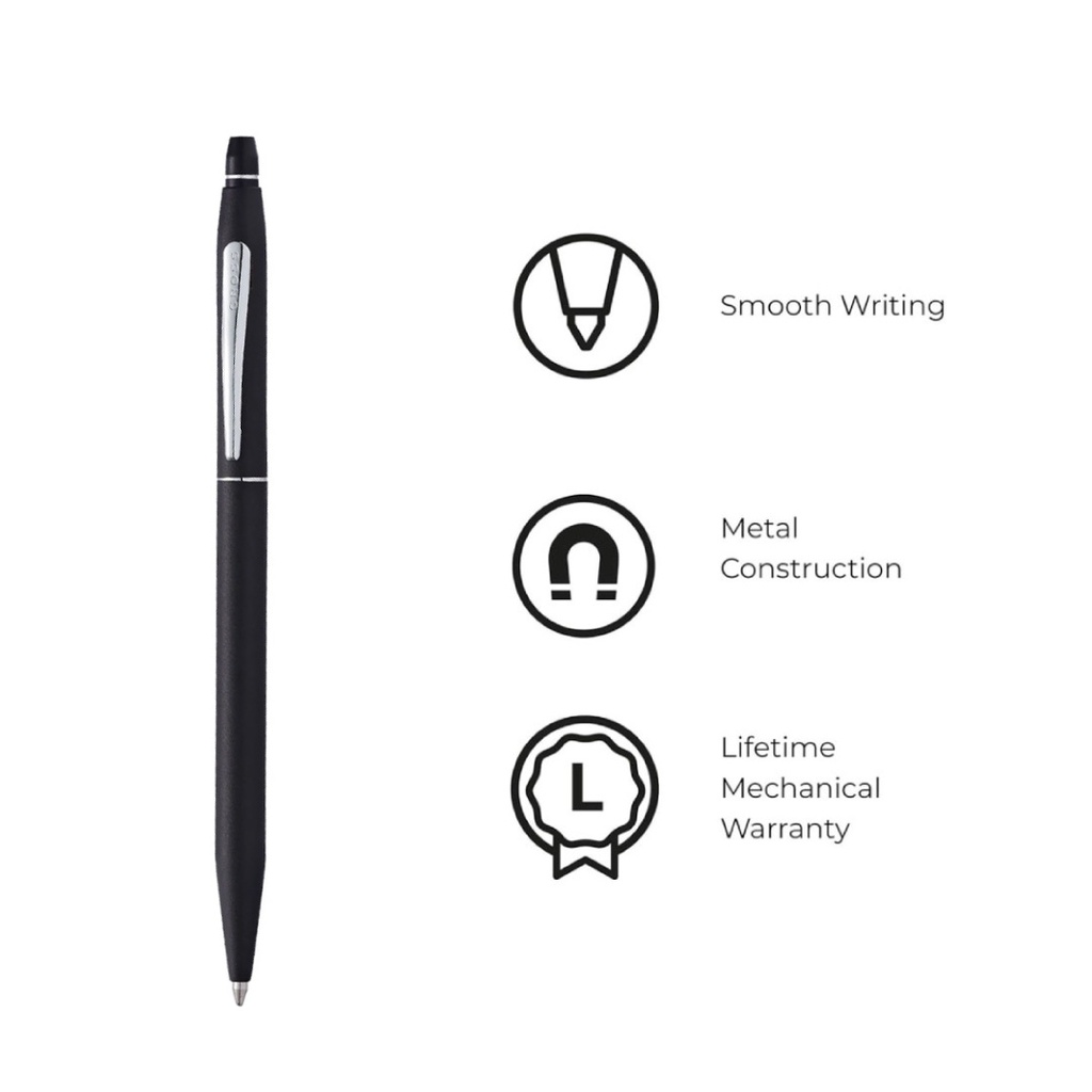 Cross Click Classic Black ballpoint pen feature graphic showing smooth writing, metal construction and lifetime mechanical warranty thumbnail