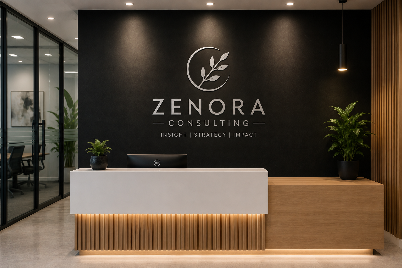 reception logo branding dubai Reception wall and logo branding for offices