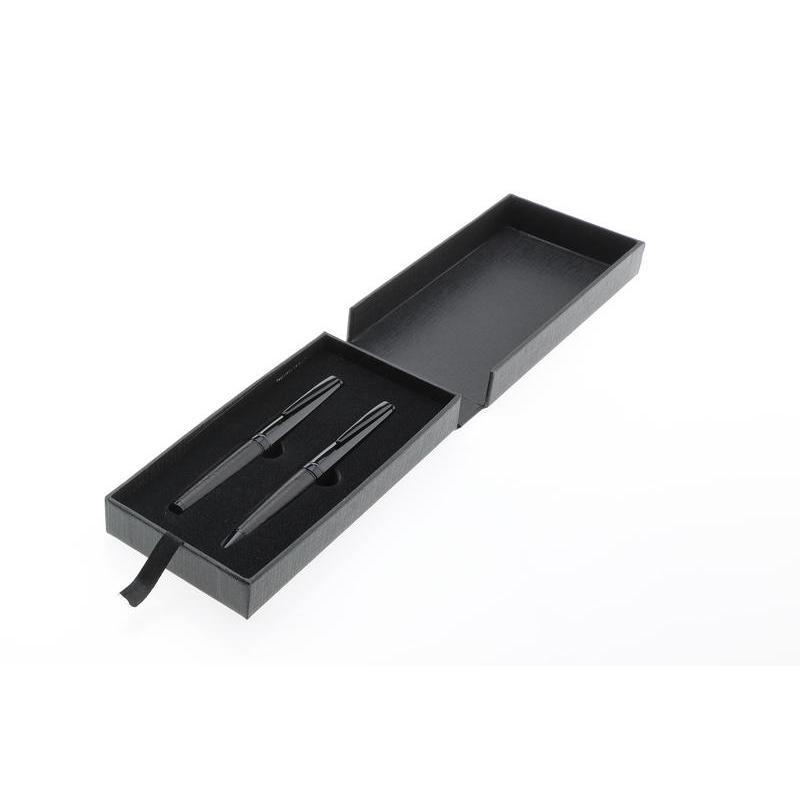 Santhome Izola black ballpoint and rollerball pen gift set in open presentation box