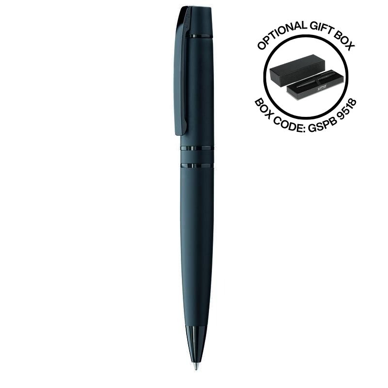 UMA VIP GUM black metal ballpoint pen upright product view with gift box reference