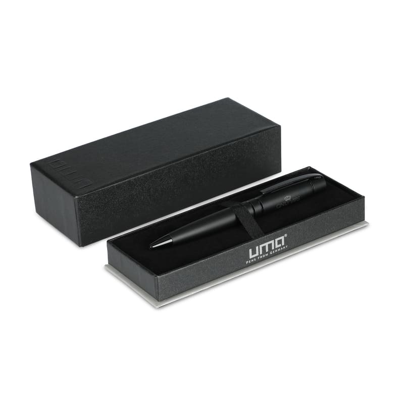 UMA VIP GUM black metal ballpoint pen arranged inside an open presentation gift box