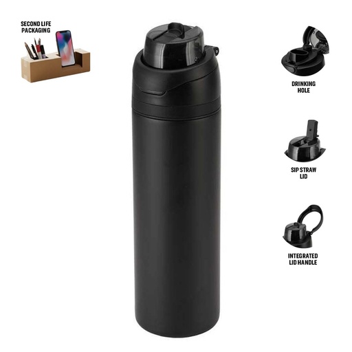 AERO SIP - Hans Larsen Recycled Stainless Steel Bottle with Dual Sip Lid - Black — product photo 1