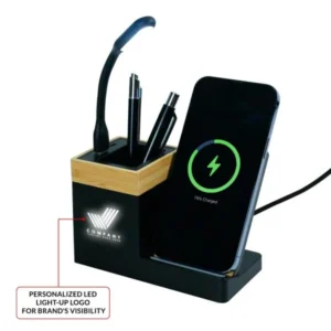 Bamboo Pen Holder with 15W Wireless Charger & LED Logo — related custom branded product in UAE