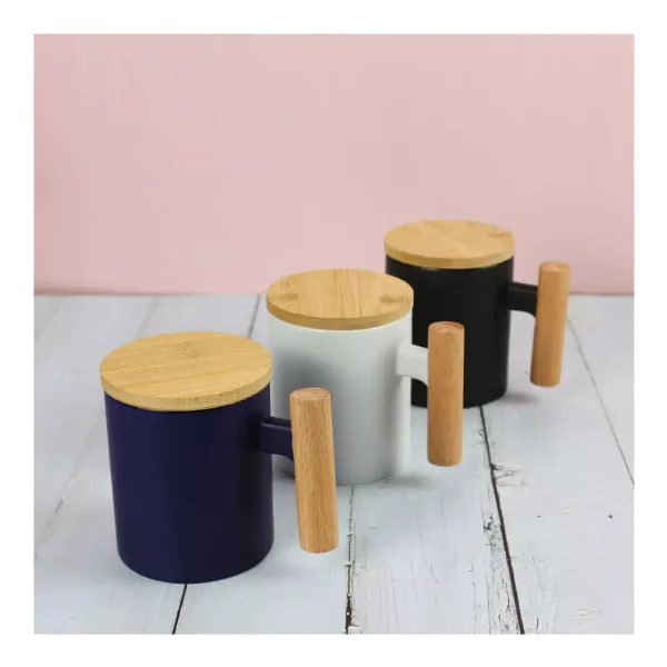 Ceramic Coffee Mugs with Bamboo Handle and Lid 380ml — product photo 1