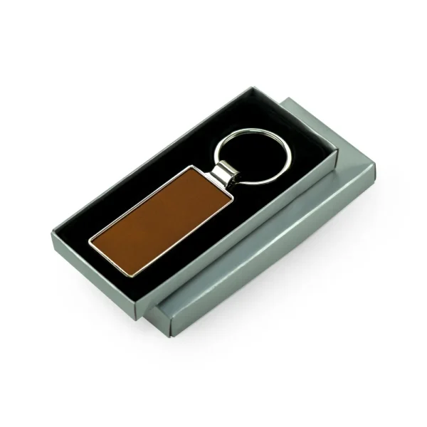Silver Shiny Metal Keychains with Laserable PU Leather Plate — product photo 1
