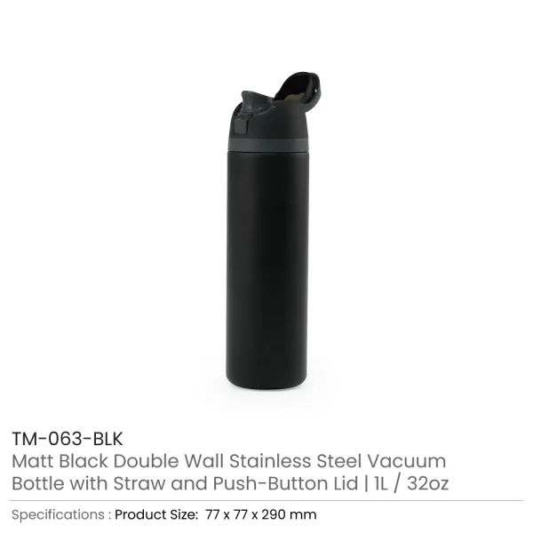 SS Bottles with Straw & Push Button Lid – Double-Wall Vacuum, 1Liter — product photo 1