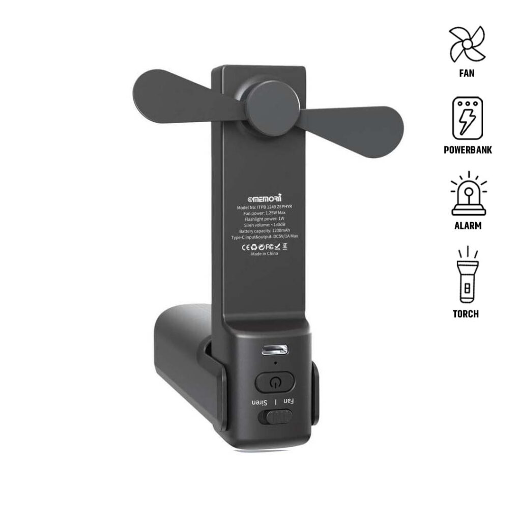 ZEPHYR - @memorii 4-in-1 Fan Powerbank, Safety Alarm & Torch - Black — product photo 1